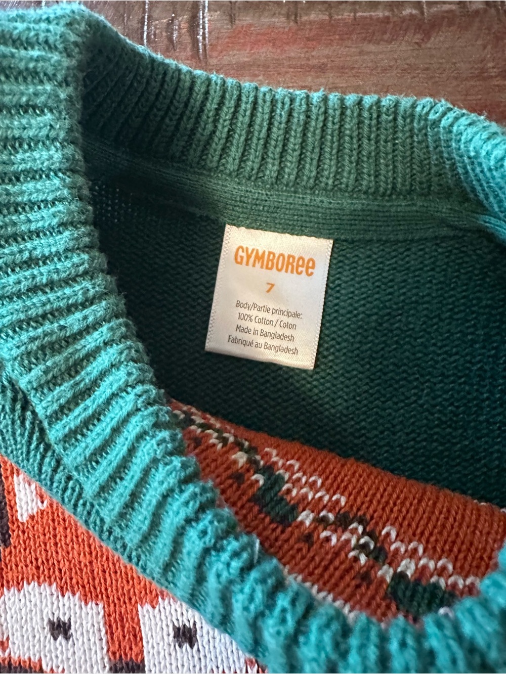 Gymboree Green Crewneck Sweater with Orange Fox Fair Isle - Picture 3 of 5